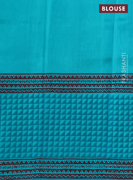 Silk cotton block printed saree teal blue with butta prints and printed border