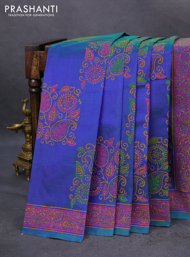 Silk cotton block printed saree dual shade of bluish green with butta prints and printed border