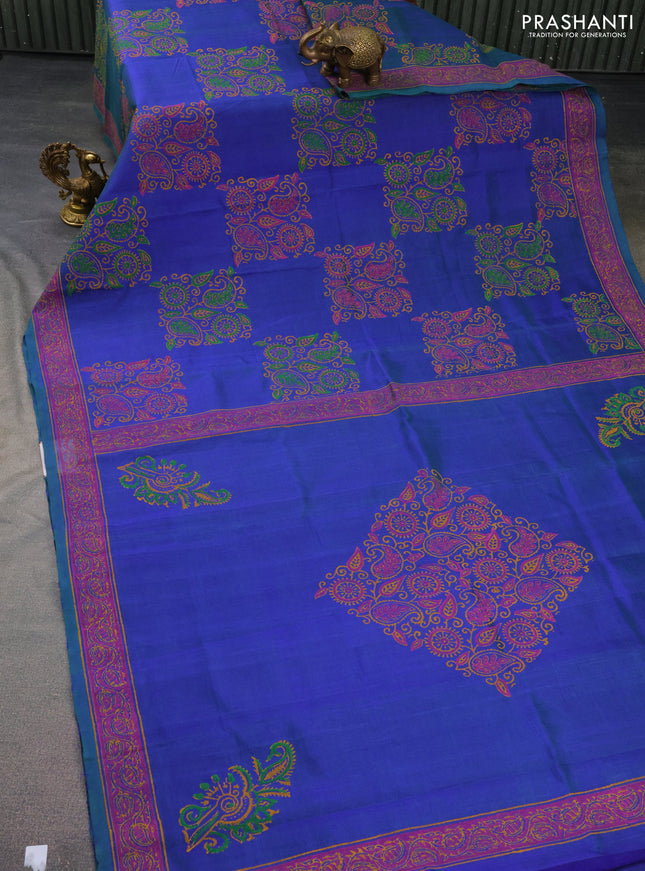 Silk cotton block printed saree dual shade of bluish green with butta prints and printed border