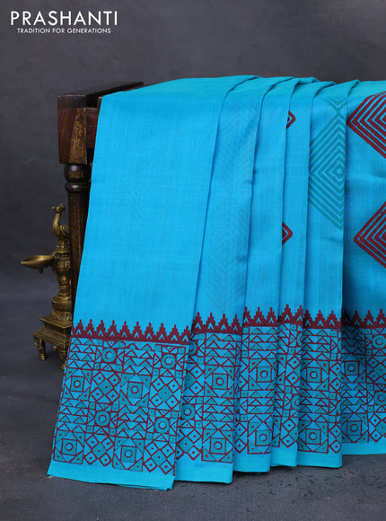 Silk cotton block printed saree teal blue with geometric butta prints and printed border