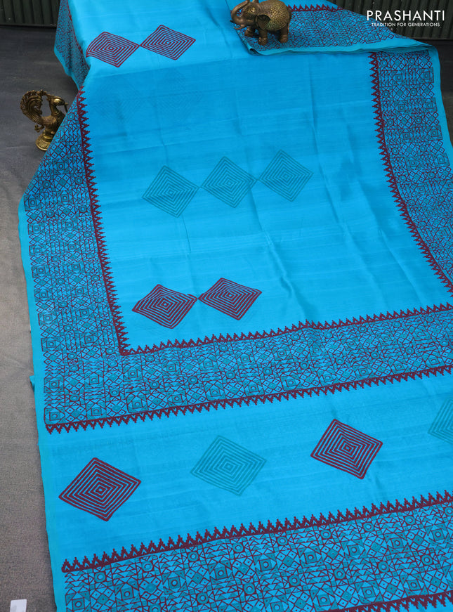 Silk cotton block printed saree teal blue with geometric butta prints and printed border