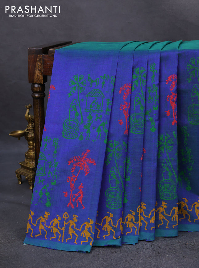 Silk cotton block printed saree dual shade of bluish green with allover warli prints and printed border