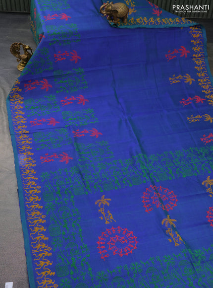 Silk cotton block printed saree dual shade of bluish green with allover warli prints and printed border