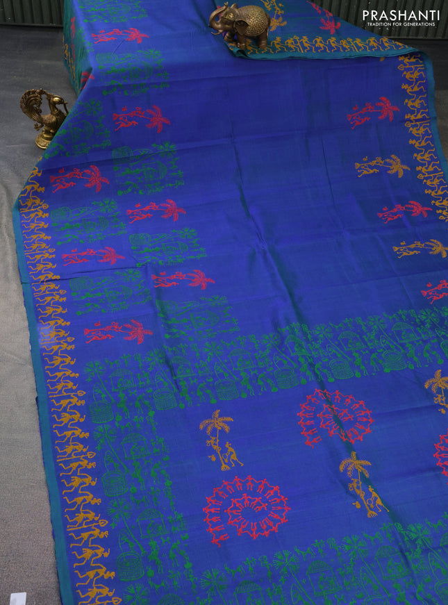 Silk cotton block printed saree dual shade of bluish green with allover warli prints and printed border