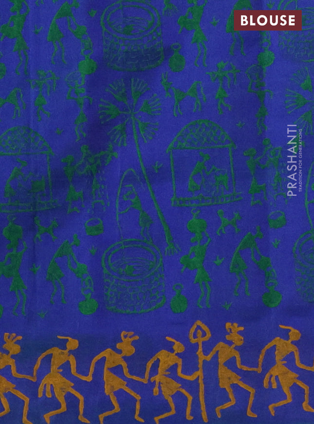 Silk cotton block printed saree dual shade of bluish green with allover warli prints and printed border