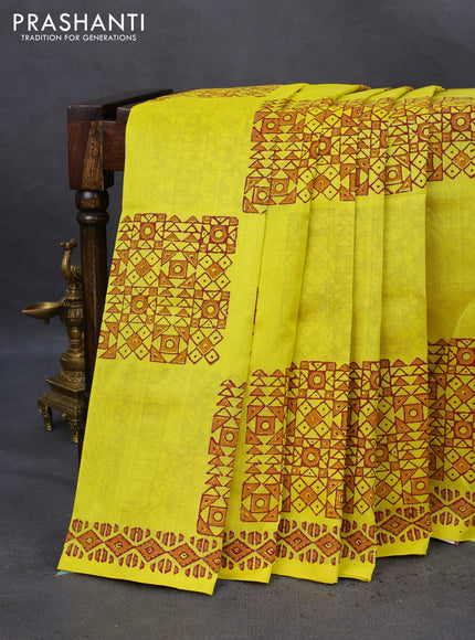 Silk cotton block printed saree yellow with allover geometric prints and printed border