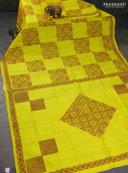Silk cotton block printed saree yellow with allover geometric prints and printed border