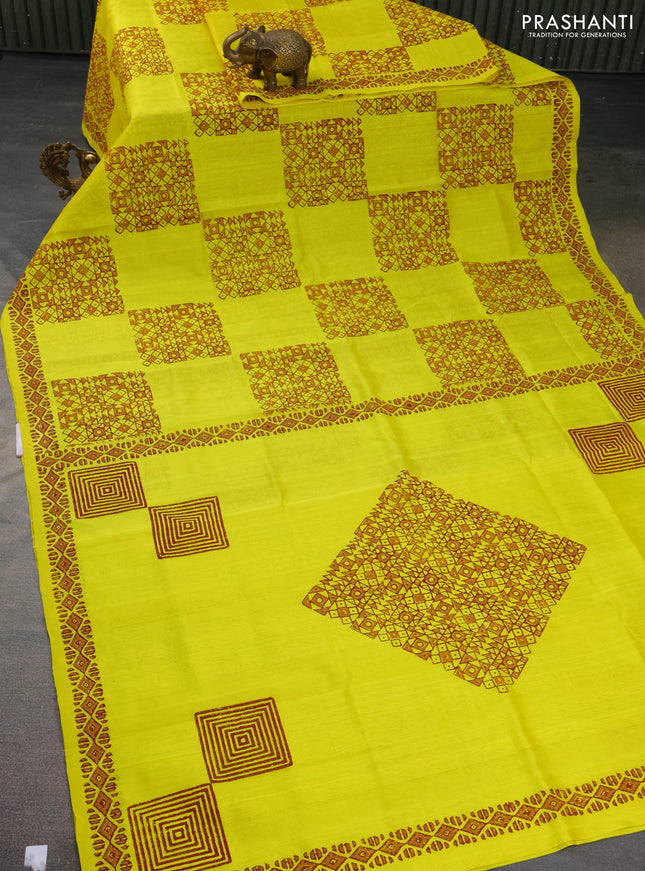 Silk cotton block printed saree yellow with allover geometric prints and printed border
