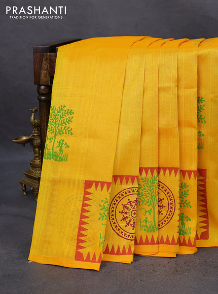 Silk cotton block printed saree yellow with allover warli butta prints and printed border