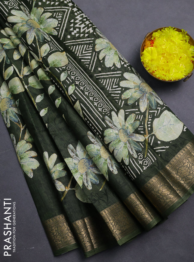 Semi dola saree sap green with floral prints & self emboss and zari woven border