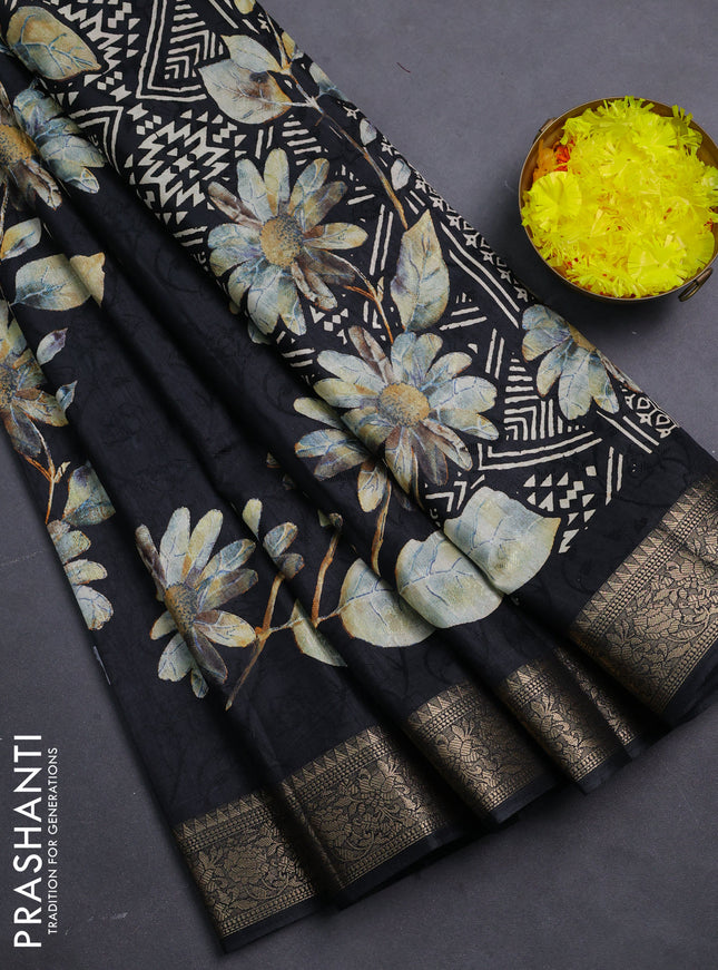 Semi dola saree black with floral prints & self emboss and zari woven border