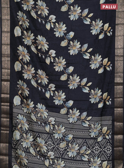 Semi dola saree black with floral prints & self emboss and zari woven border