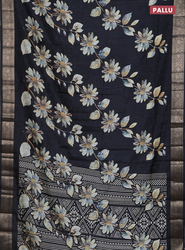 Semi dola saree black with floral prints & self emboss and zari woven border