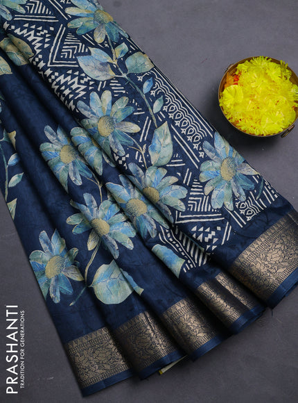 Semi dola saree peacock blue with floral prints & self emboss and zari woven border