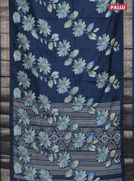 Semi dola saree peacock blue with floral prints & self emboss and zari woven border