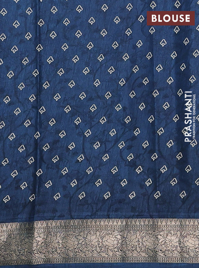 Semi dola saree peacock blue with floral prints & self emboss and zari woven border