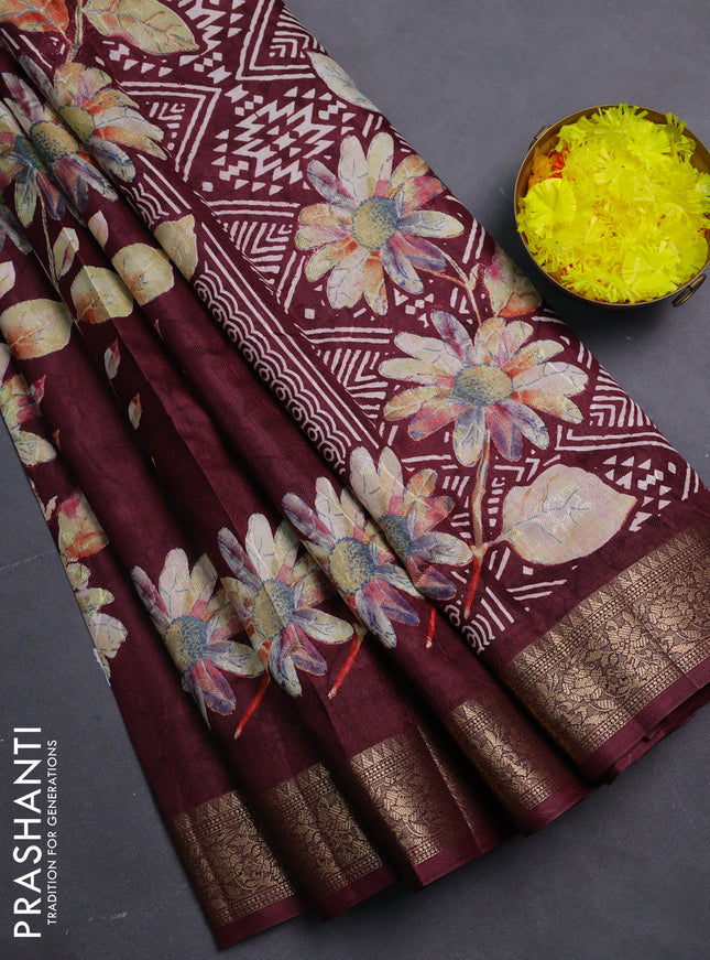 Semi dola saree deep maroon with floral prints & self emboss and zari woven border