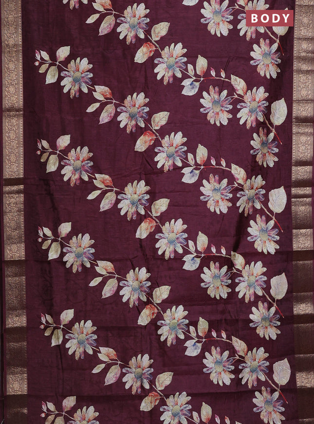 Semi dola saree deep maroon with floral prints & self emboss and zari woven border