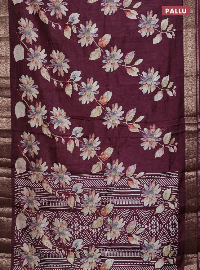 Semi dola saree deep maroon with floral prints & self emboss and zari woven border