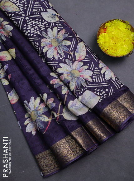 Semi dola saree navy blue with floral prints & self emboss and zari woven border