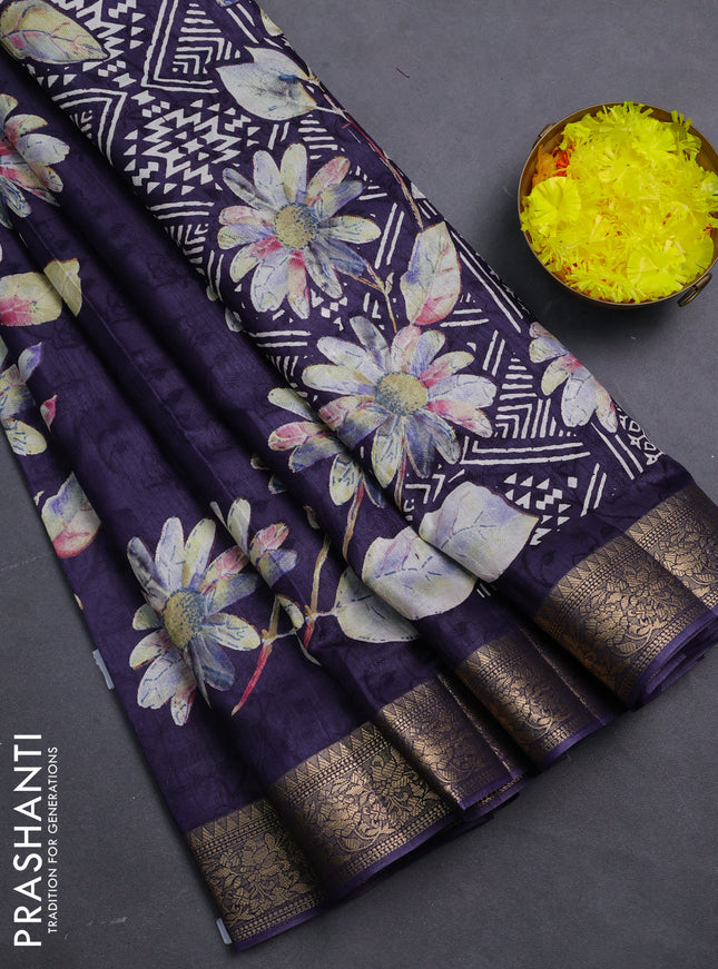 Semi dola saree navy blue with floral prints & self emboss and zari woven border