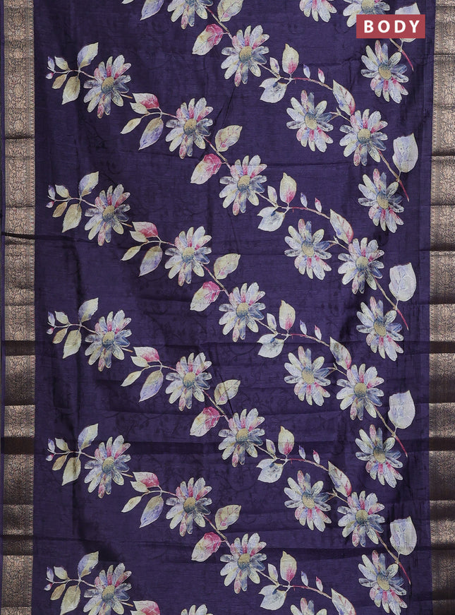 Semi dola saree navy blue with floral prints & self emboss and zari woven border