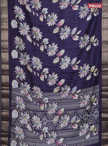 Semi dola saree navy blue with floral prints & self emboss and zari woven border