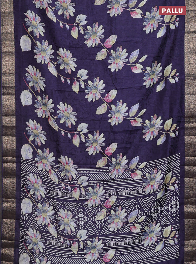 Semi dola saree navy blue with floral prints & self emboss and zari woven border