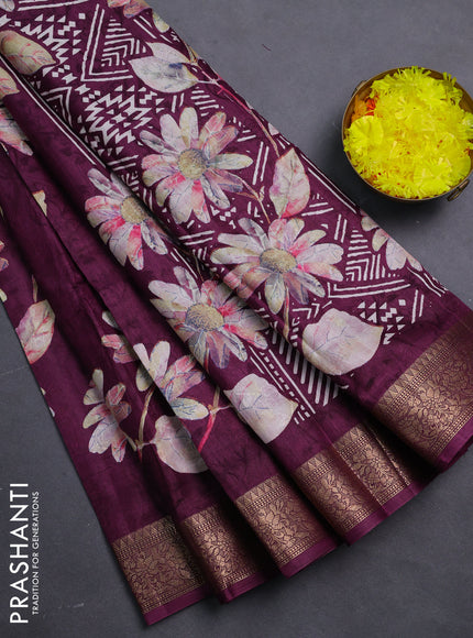 Semi dola saree wine shade with floral prints & self emboss and zari woven border