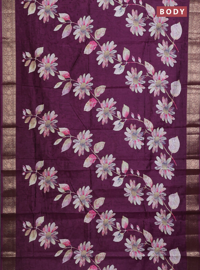 Semi dola saree wine shade with floral prints & self emboss and zari woven border