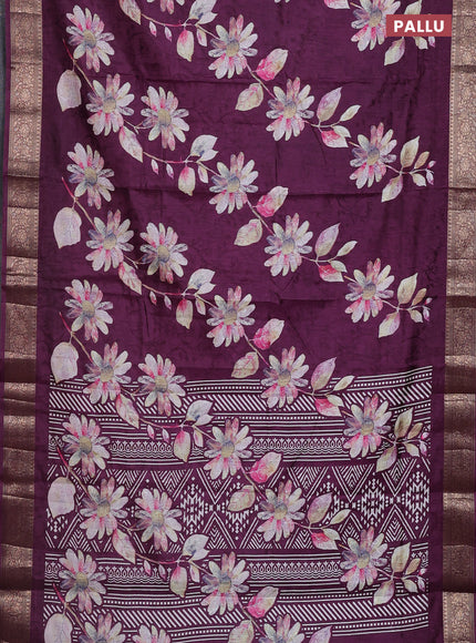 Semi dola saree wine shade with floral prints & self emboss and zari woven border