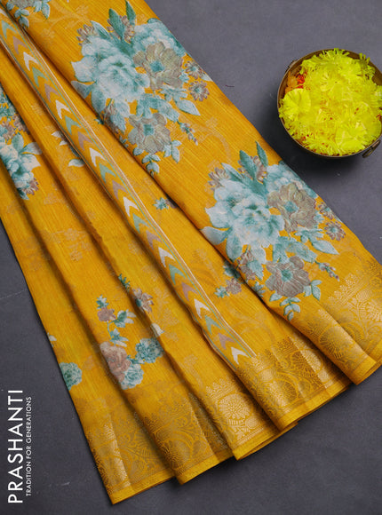Semi dola saree mango yellow with floral prints & zari weaves and zari woven border