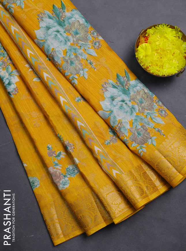 Semi dola saree mango yellow with floral prints & zari weaves and zari woven border