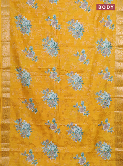 Semi dola saree mango yellow with floral prints & zari weaves and zari woven border