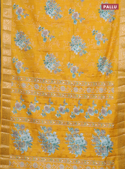 Semi dola saree mango yellow with floral prints & zari weaves and zari woven border