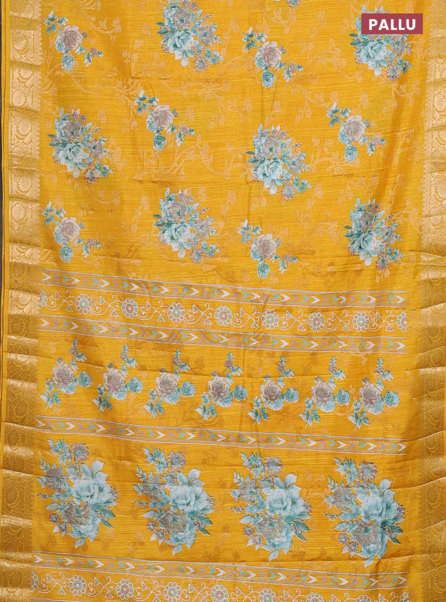 Semi dola saree mango yellow with floral prints & zari weaves and zari woven border