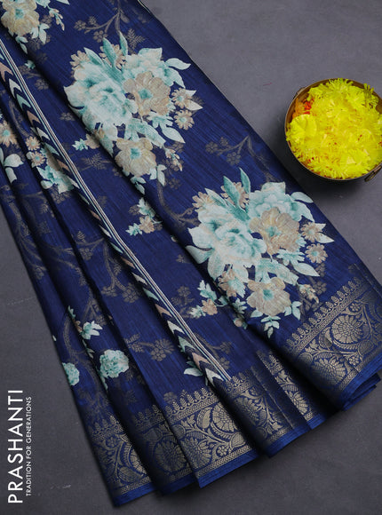 Semi dola saree peacock blue with floral prints & zari weaves and zari woven border