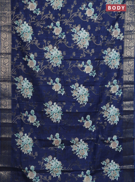 Semi dola saree peacock blue with floral prints & zari weaves and zari woven border