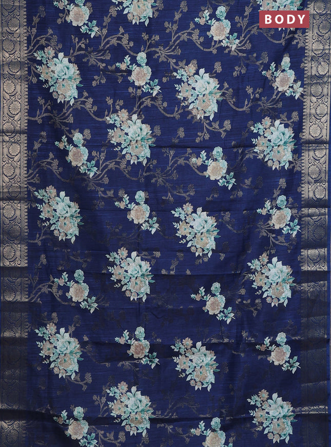 Semi dola saree peacock blue with floral prints & zari weaves and zari woven border