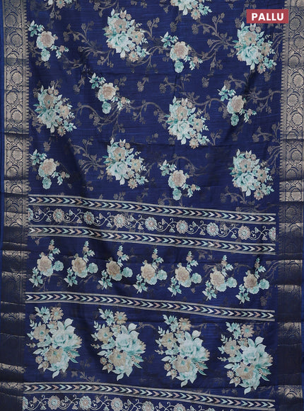 Semi dola saree peacock blue with floral prints & zari weaves and zari woven border