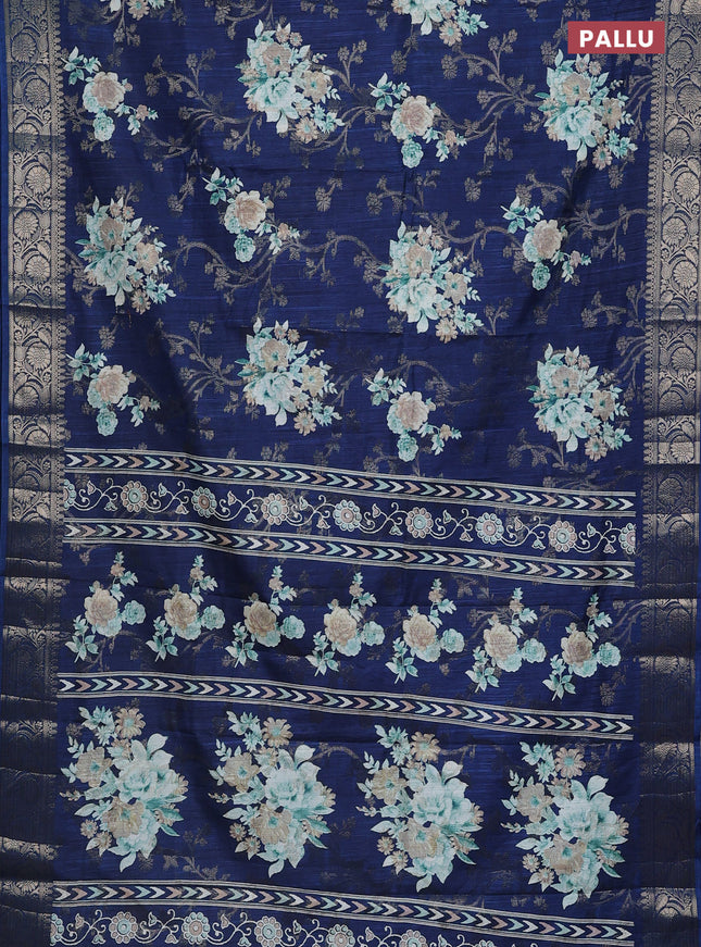 Semi dola saree peacock blue with floral prints & zari weaves and zari woven border
