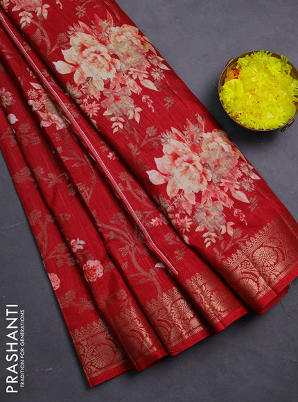 Semi dola saree maroon with floral prints & zari weaves and zari woven border