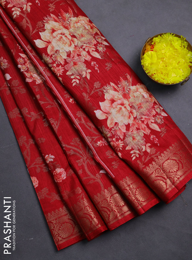 Semi dola saree maroon with floral prints & zari weaves and zari woven border