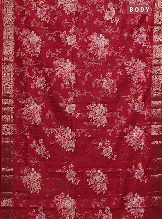 Semi dola saree maroon with floral prints & zari weaves and zari woven border