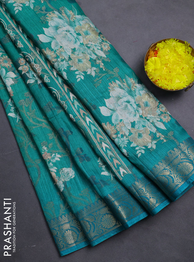 Semi dola saree teal green with floral prints & zari weaves and zari woven border