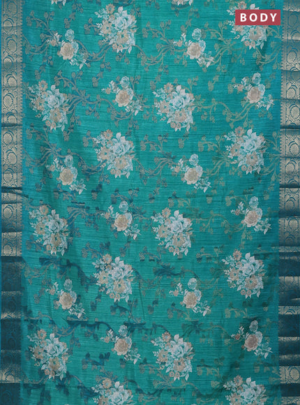 Semi dola saree teal green with floral prints & zari weaves and zari woven border
