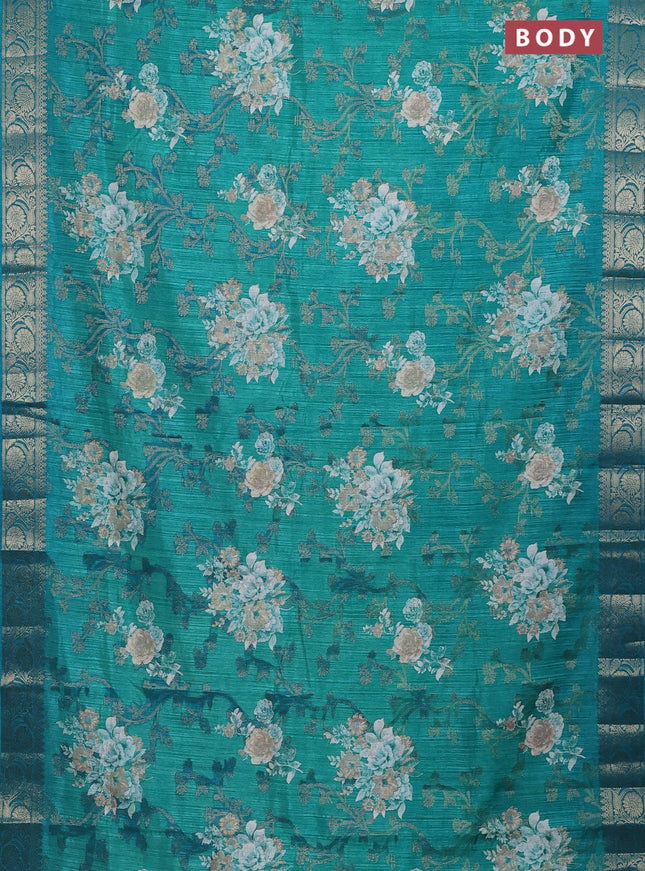 Semi dola saree teal green with floral prints & zari weaves and zari woven border