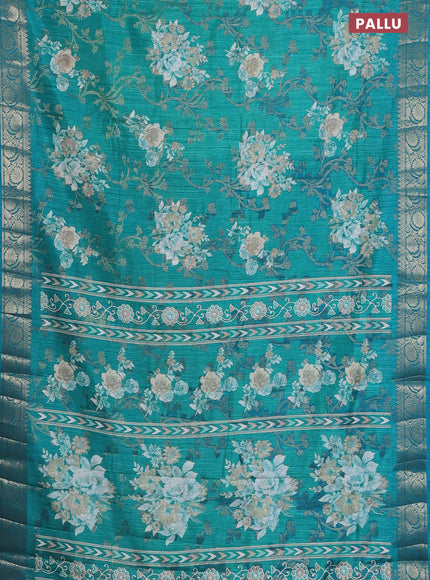 Semi dola saree teal green with floral prints & zari weaves and zari woven border