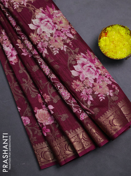 Semi dola saree wine shade with floral prints & zari weaves and zari woven border