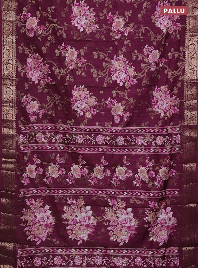 Semi dola saree wine shade with floral prints & zari weaves and zari woven border